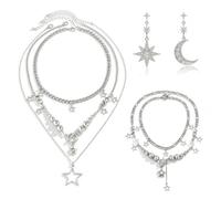 NYGGTYK Collana A Stelle A 3 Pezzi, Braccialetto A Stelle A 2 Pezzi E 1 Paio di Orecchini A Base di Luna A Stella, Gioielli Semplici alla Moda, Gioielli in Stile Punk, Gioielli da Donna