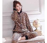 NYLHK Pigiami Invernali Donna,Inverno/Leopardo/Stampa Pigiama in Pile Corallo Set Addensare Warm Soft Flanella Sleepwear Cardigan Manica Lunga Plus Size Sciolto Homewear Donna,L