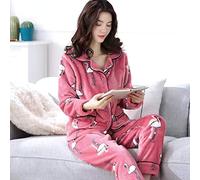 NYLHK Pigiami Invernali Donna,Set Pigiama da 2 Pezzi con Stampa Fenicotteri Rosa Set Pigiama A Maniche Lunghe in Flanella Calda Allentata da Donna Top E Pantaloni Homewear,M