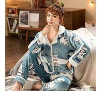 NYLHK Pigiami Invernali Donna,Simpatico Gatto Blu Pigiama di Flanella Set Plus Size Spessore Caldo Pigiameria Donna Manica Lunga 2 Pezzi Set Homewear Pigiama Allentato Donna, XXL