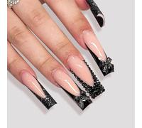 Nymora 24 Stück Press On Nägel mit Schwarzen French Square Tips, Schwarzen Rhinestones und Schleifen-Design, Fake Nägel für Frauen, Party, Halloween