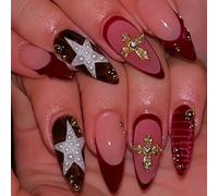 Nymora 24 Stück Press on nails Lang mit Almond-Form mit Kreuz und Sternen Design, Künstliche Nägel zum Aufkleben in Rot für Frauen und Mädchen - Ideal für Herbst/Winter