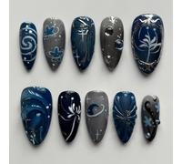 Nymora 24 Stück Schwarze Press on Nails Medium Mandel Fake Nägel mit 3D Metall Schleife Perlen Design, Schwarzer Gradient, Handgemachte Press on Nägel Y2K