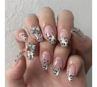 Nymora 24 Unghie Press on, Design a Rilievo con Glitter Argento, Corte e Quadrate, Unghie Artificiali Autoadesive con Colla per Unghie e Lima, Unghie Finte per Donne e Ragazze