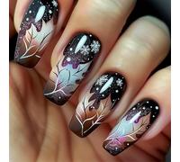 Nymora 24pcs Kleine Quadratische Press On Nails, Fake Nails mit Werkzeugset - Kunstnägel zum Aufkleben für Frauen und Mädchen, Schneeflocken und Blätter Design, Perfekt für Herbst und Winter