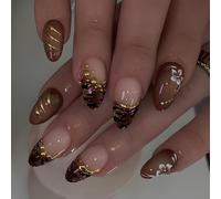 Nymora Press on Nails Künstliche Nägel zum Aufkleben, 24 Stück Braune Mandelform Herbst-Blumen Aura 3D Gold Streifen French Design, Mit Nagelkleber & Feile für Frauen Mädchen