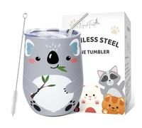 NymphFable 12 Oz Koala Bicchiere Termico con Coperchio e Cannuccia Tumbler per Vino in Acciaio Inox, Tazza da Caffè in Vetro Senza Stelo