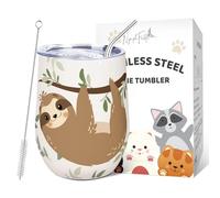 NymphFable 12 Oz Sloth Tazza Termica con Coperchio e Cannuccia Tumbler in Acciaio Inox, Tazza da Caffè in Vetro Senza Stelo per Vino