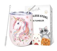 NymphFable 12 Oz Unicorno Bicchiere Termico Isolato con Coperchio e Cannuccia Tumbler in Acciaio Inox, Tazza da Caffè per Vino