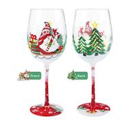 NymphFable Bicchiere da vino dipinto a mano con gnomi di Natale, albero di Natale, Babbo Natale, fiocco di neve, regalo per familiari e amici, 425,2 g (1 pezzo)