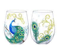 NymphFable Set di 2 Bicchieri Vino Senza Stelo Colorati Pavone Dipinta a Mano Regalo di Compleanno Anniversario 520 ml