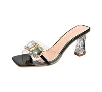 NYSDM Pantofole basse da donna estive con tacco trasparente scarpe con tacco alto Lady Square Heel Glitter Slides Soft Block Jelly Sexy, Nero 02, 39.5 EU