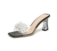 NYSDM Pantofole basse da donna estive con tacco trasparente scarpe con tacco alto Lady Square Heel Glitter Slides Soft Block Jelly Sexy, Nero , 39.5 EU
