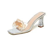 NYSDM Pantofole basse da donna estive con tacco trasparente scarpe con tacco alto Lady Square Heel Glitter Slides Soft Block Jelly Sexy, Argento, 39.5 EU