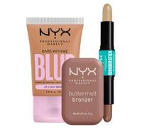 NYX Professional Makeup Buttermelt Bronzer 02 All Buttad Up + Duo Contouring Wonderstick 02 Universal Light + Fondotinta Bare With Me Blur 09 Light Medium Base Trucco Lunga Durata - Set da 3