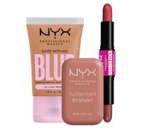 NYX Professional Makeup Buttermelt Bronzer 03 Deserve Butta + Blush Wonder Stick 03 Coral Deep Peach + Fondotinta Bare With Me Blur 09 Light Medium Base Trucco Lunga Durata - Set da 3