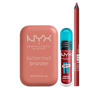 NYX Professional Makeup Buttermelt Bronzer Viso in Polvere Tonalità 03 Deserve Butta 5g + Gloss Stain Lip IV Gloss Tinta Labbra Colore 08 Drippin' In Rose 5ml + Line Loud Matita Labbra 32 Sassy