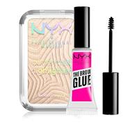 NYX Professional Makeup Buttermelt Highlighter Illuminante Viso in Polvere Colore 5 Bright & Butta 5g + The Brow Glue Gel Sopracciglia Finish Trasparente e Naturale Resiste 16h 5gr