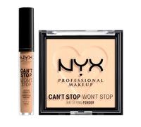 NYX Professional Makeup Can't Stop Won't Stop Correttore Tonalità 9 Medium Olive Liquido Multiuso 3,5ml + Cipria Tonalità 04 Medium Polvere Opacizzante Levigante Finish Matte Lunga Tenuta - Set da 2