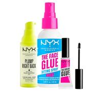 NYX Professional Makeup Plump Right Back Primer e Siero Leviga Uniforma 30ml + The Brow Glue Gel Sopracciglia Effetto Laminazione 5ml + The Face Glue Setting Spray Fissante Trucco 60ml - Set da 3