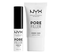 NYX Professional Makeup Primer Pore Filler Base Trucco 12h Finish Traslucido Uniforma Incarnato 20ml + Primer Pore Filler Targeted Stick Tonalità Trasparent Riduce Pori Linee Sottili 3g - Set da 2