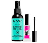 NYX Professional Makeup Spray Fissante Trucco Dewy Finish Lunga Tenuta 16h Effetto Luminoso No Transfer 60ml + The Brow Glue Gel Sopracciglia Trasparente Istantaneo Effetto Laminazione 5g - Set da 2