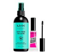 NYX Professional Makeup Spray Fissante Trucco Dewy Finish Maxi Formato Lunga Tenuta 16h Effetto Luminoso 180ml + The Brow Glue Gel Sopracciglia Trasparente Effetto Laminazione 5g - Set da 2