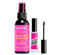 NYX Professional Makeup Spray Fissante Trucco Plump Finish Effetto Rimpolpante con Mix Elettroliti e Vitamine 60ml + The Brow Glue Gel Sopracciglia Trasparente Effetto Laminazione 5g - Set da 2