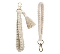 NyxSeat 2 portachiavi intrecciati, portachiavi in stile boho, portachiavi corto, portachiavi per auto, portachiavi con nappa, bianco, Taglia unica