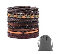 NyxSeat 6 bracciali in pelle con 1 sacchetto di velluto grigio, cinturini regolabili in pelle, eleganti accessori punk, bracciali unisex intrecciati, set di bracciali vintage