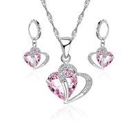 NyxSeat Set di 3 gioielli, 1 paio di orecchini e 1 collana, collana da donna, collana a forma di cuore, gioielli in cristallo rosa, adatti per l'uso quotidiano, feste e appuntamenti, Metallo