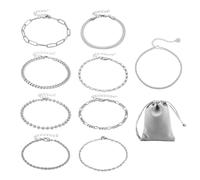 NyxSeat Set di 9 braccialetti in argento con diamanti e bracciale alla moda per donne e ragazze, con sacchetto per gioielli grigio, 21 cm, Acciaio al titanio, lega