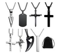 NyxSeat Set di Collana da Uomo in Acciaio Inossidabile - Collana a Croce e Denti di Lupo con Sacchetto di Velluto