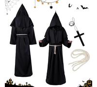 NYZQIW Costume da Monaco, Costume da Sacerdote Uomo, Costume da Prete Rinascimentale, Costume Monaco Frate Medievale con Cappuccio, Croce e Corda, per Halloween Carnevale Cosplay (M)