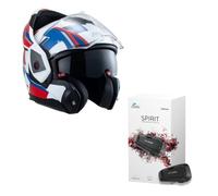 NZI - Casco modulare NZI Fastback Duo 180° Summun rosso, bianco e blu, apribile, con visiera solare, unisex, omologato P/J ECE 22.06 (M) + vivavoce Cardo Spirit