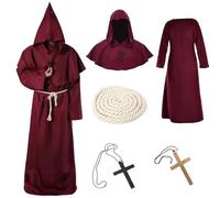 Nzkeuf Costume da Monaco, Frate Medieval Rinascimentale Mantello con Cappuccio, con Collana a Croce & Corda in Vita, Halloween, Carnevale e Costumi da Gioco di Ruolo