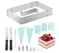 Nzkeuf Stampo Rettangolare Torta Regolabile, Anello per Torte Rettangolare in Acciaio Inox con Divisorio, Raschietto, Spatola, Sacchetto per Tubazioni, Beccucci, Adatto per Torte, Pizze Fai da Te