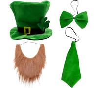 Nzoike Set Costume San Patrizio 4 Pezzi, Cappello Verde con Trifoglio, Barba Marrone, Cravatta e Papillon Verde, 100% Poliestere, Festa Irlandese a Tema