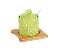 NZPOST Zuccheriera, Contenitore per condimenti, zuccheriera Cinese con Coperchio, Barattolo per la conservazione di Foglie di bambù in Rilievo, Porcellana Verde 200 ml/7
