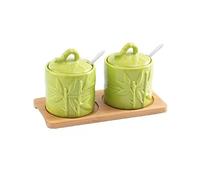 NZPOST Zuccheriera, Contenitore per condimenti, zuccheriera Cinese con Coperchio, Barattolo per la conservazione di Foglie di bambù in Rilievo, Porcellana Verde 200 ml/7