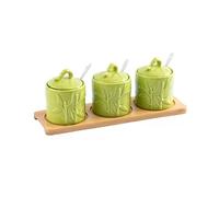 NZPOST Zuccheriera, Contenitore per condimenti, zuccheriera Cinese con Coperchio, Barattolo per la conservazione di Foglie di bambù in Rilievo, Porcellana Verde 200 ml/7
