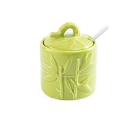 NZPOST Zuccheriera, Contenitore per condimenti, zuccheriera Cinese con Coperchio, Barattolo per la conservazione di Foglie di bambù in Rilievo, Porcellana Verde 200 ml/7