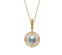 NZVCQVPU 18k Yellow Elegant White Round 0.11CT Diamond with White Round Pearl Necklace for Women Pendant Necklace 18 Inch