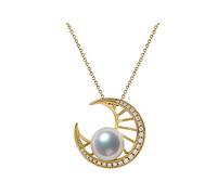 NZVCQVPU 18k Yellow Moon White Round 0.26CT Diamond with White Round Pearl Necklace for Women Pendant Necklace 18 Inch