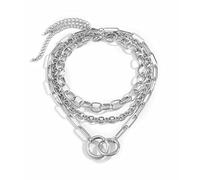 NZVCQVPU 3 Layer Necklaces for Womens, Bohemian Necklace for Girls Adjustable White Plated White Oval Link Chain Necklace with Circle Pendant
