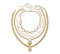 NZVCQVPU 4 Chain Necklace for Women, Layered Necklaces for Women Vintage Adjustable Plated Cuban Chain Necklace with Heart and Lock Pendant