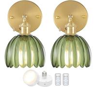 NZVCQVPU Living Room Wall Sconce 2-Piece Vintage Lamp Dimmable with Remote Control Retro Gold Metal E27 Dimmable with Green Glass Shade