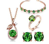 NZVCQVPU Set di gioielli per donne, foglia di gioielli rosa vintage con orecchini a anello bracciale CZ verde e set di gioielli da sposa