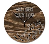NZVCQVPU Who Cares You're Late Wall Clock Weathered Wood Floor Round Decorative Clocks Battery Operated 10 Inch Country Coastal Decor She Shed Living Room Decor Gift for Man Woman Friend