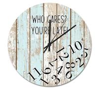 NZVCQVPU Who Cares You're Late Wall Clock Weathered Wood Floor Round Decorative Clocks Battery Operated 10 Inch Country Coastal Decor She Shed Living Room Decor Gift for Man Woman Friend